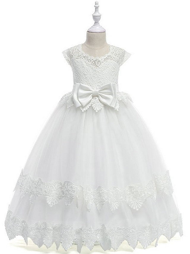 Princess Ball Gown Tulle Cap Sleeve Jewel Neck Wedding Party Flower Girl Dresses-27dress