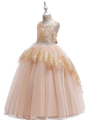 Princess Lace Satin Tulle Sleeveless Jewel Neck Wedding Party Pageant Flower Girl Dresses-27dress