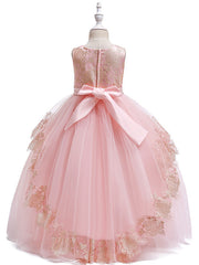Princess Lace Satin Tulle Sleeveless Jewel Neck Wedding Party Pageant Flower Girl Dresses-27dress