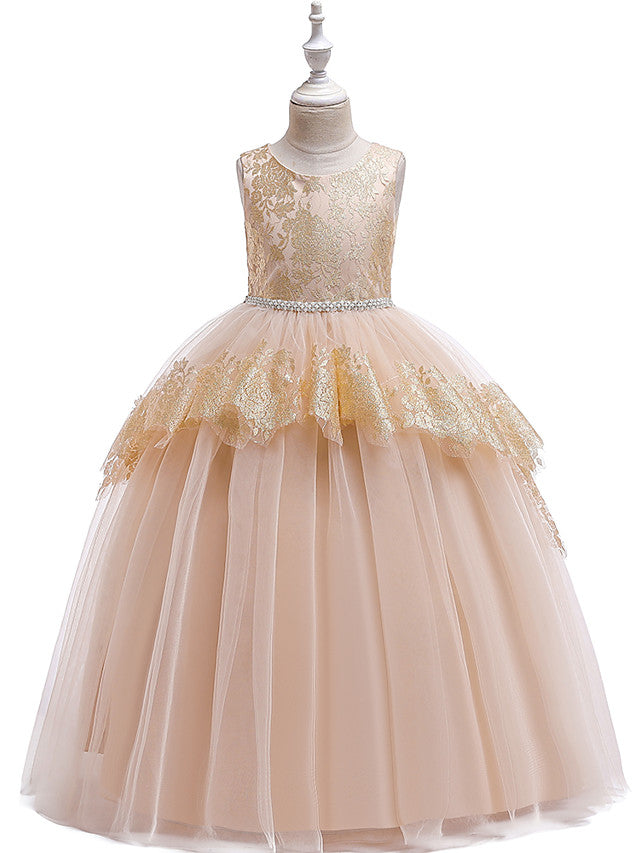 Princess Lace Satin Tulle Sleeveless Jewel Neck Wedding Party Pageant Flower Girl Dresses-27dress