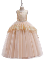 Princess Lace Satin Tulle Sleeveless Jewel Neck Wedding Party Pageant Flower Girl Dresses-27dress