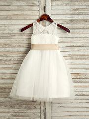 Princess Lace Tulle Satin Chiffon Jewel Neck Wedding First Communion Flower Girl Dresses With Belt-27dress