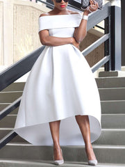 Princess Satin Asymmetrical Prom Dresses with Off-the-shoulder Style