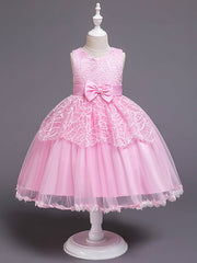 Princess Satin Tulle Sleeveless Jewel Neck Wedding First Communion Birthday Flower Girl Dresses-27dress