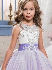 Princess Sleeveless Jewel Neck Pageant Flower Girl Dresses With Bow-27Dress