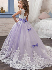 Princess Sleeveless Jewel Neck Pageant Flower Girl Dresses With Bow-27Dress