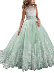 Princess Sleeveless Jewel Neck Pageant Flower Girl Dresses With Bow-27Dress