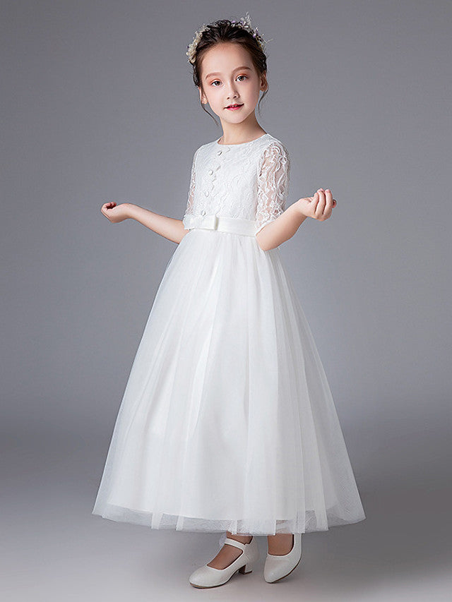 Princess Tulle Lace Half Sleeve Jewel Neck Wedding First Communion Flower Girl Dresses-27dress