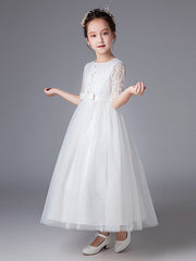 Princess Tulle Lace Half Sleeve Jewel Neck Wedding First Communion Flower Girl Dresses-27dress