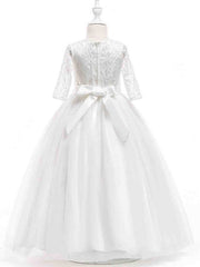 Princess Tulle Lace Half Sleeve Jewel Neck Wedding First Communion Flower Girl Dresses-27dress