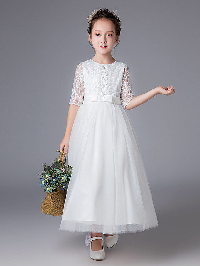 Princess Tulle Lace Half Sleeve Jewel Neck Wedding First Communion Flower Girl Dresses-27dress