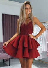 Princess V Neck Satin Homecoming Dress with Appliqued Beading - 27Dress