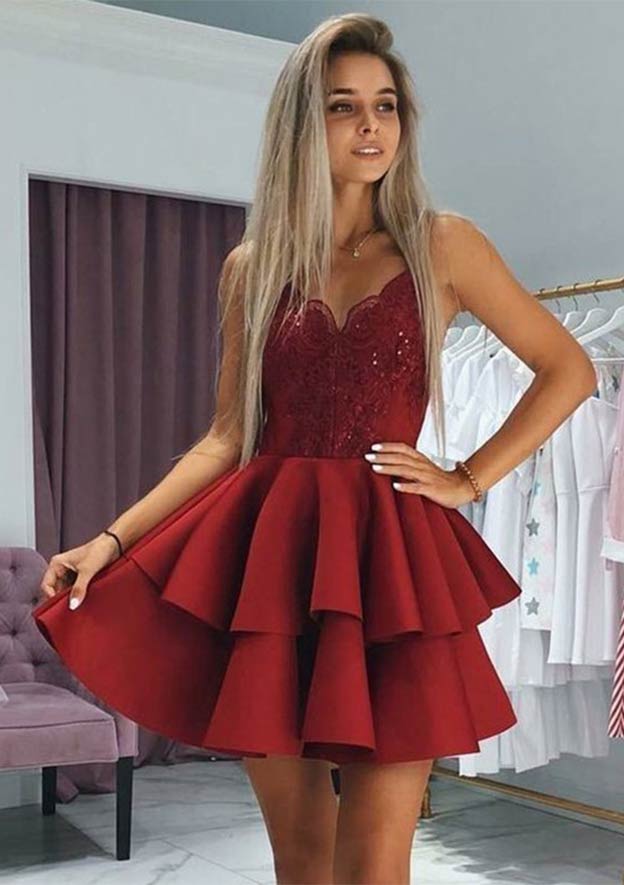Princess V Neck Satin Homecoming Dress with Appliqued Beading - 27Dress
