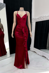Prom Dress Burgundy Gown Spaghetti Strap Sleeveless Pleated Side Slit