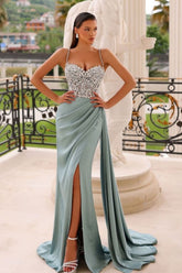 Prom Dress Dusty Sage Satin Spaghetti Strap With Beading Sleeveless