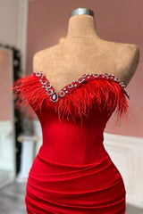 Prom Dress Red Long Sleeveless Feather Decoration Sweetheart Satin