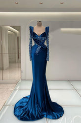 Prom Dress Royal Blue Long Sleeves Mermaid Charmeuse Beading