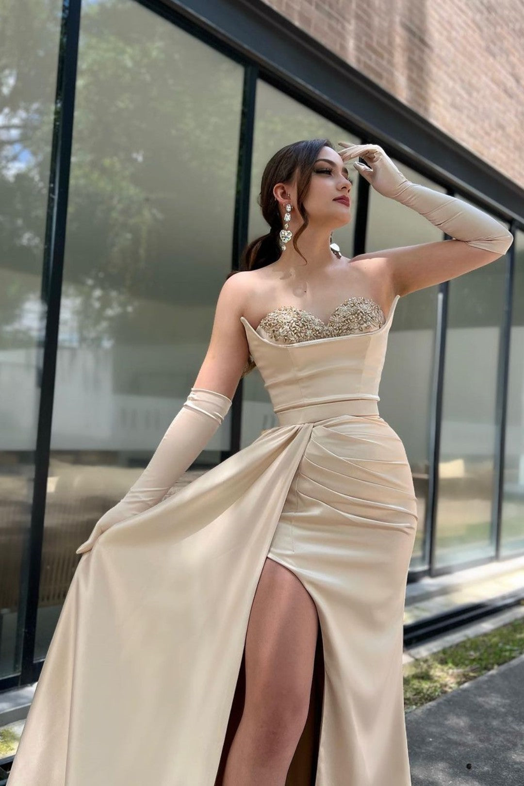 Prom Dress Sleeves Champagne Sweetheart High Slit With Gloves