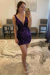 Pruple V-Neck Sequins Mini Hoco Dress