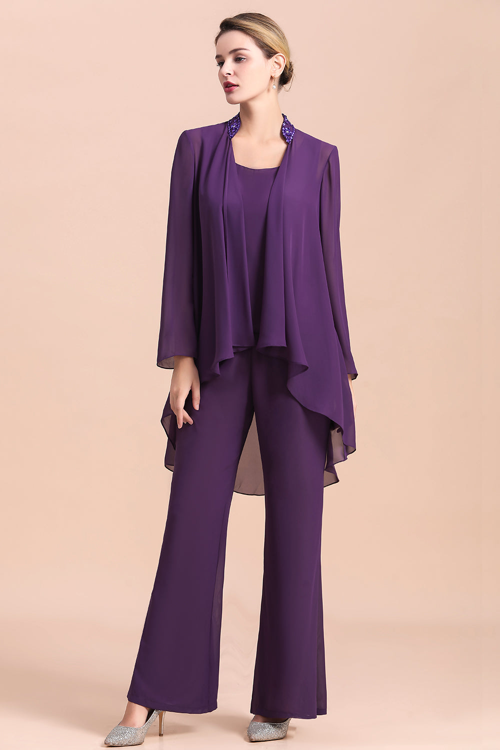 Purple Crew Neck Mother of Bride Dress Jumpsuit with Jacket-27dress