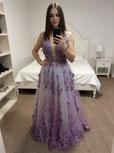 27DRESS Purple Deep V-neck Sleeveless Evening Dresses with Floral Applique
