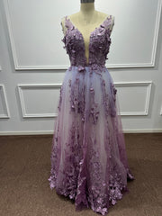 27DRESS Purple Deep V-neck Sleeveless Evening Dresses with Floral Applique