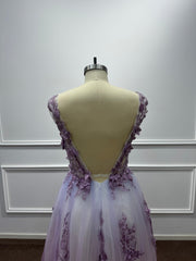 27DRESS Purple Deep V-neck Sleeveless Evening Dresses with Floral Applique