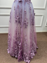 27DRESS Purple Deep V-neck Sleeveless Evening Dresses with Floral Applique