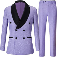 Double Breasted Jacquard Purple Wedding Suits With Black Velvet Shawl Lapel