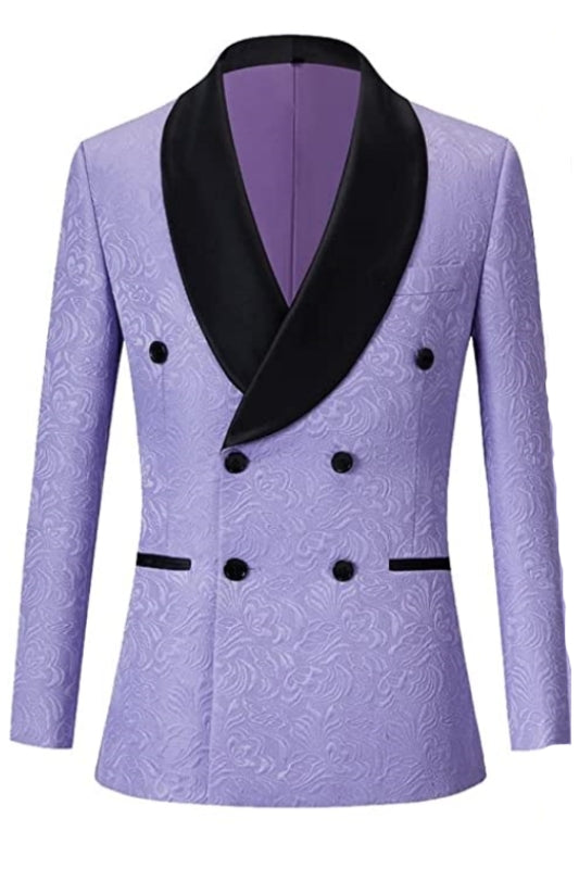 Double Breasted Jacquard Purple Wedding Suits With Black Velvet Shawl Lapel