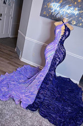 Purple Halter Beaded Sequins Mermaid Prom Dress With Appliques