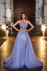 Purple Halter Mermaid Prom Dress Tulle Ruffles With Split Appliques