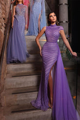 Purple High Neck Mermaid Split Prom Dress Tulle Ruffles With Appliques