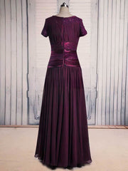 Purple Lace Chiffon Beaded Scoop Neck Short Sleeve Floor-length Mother of the Bride Dress