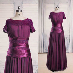 Purple Lace Chiffon Beaded Scoop Neck Short Sleeve Floor-length Mother of the Bride Dress
