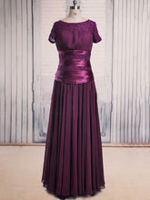 Purple Lace Chiffon Beaded Scoop Neck Short Sleeve Floor-length Mother of the Bride Dress