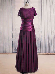 Purple Lace Chiffon Beaded Scoop Neck Short Sleeve Floor-length Mother of the Bride Dress