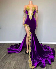 Purple Mermaid Slit Long Prom Dress with Gold Appliques Lace