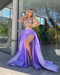 Purple Stunning Split Stain Sleeveless Pleated Prom Dress With Ruffles