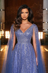 Purple V Neck Cap Sleeves Prom Dress A Line Tulle With Appliques