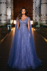 Purple V Neck Cap Sleeves Prom Dress A Line Tulle With Appliques
