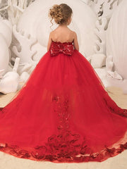 Red Ball Gown Sweep Brush Train Wedding Party Flower Girl Dresses-27dress