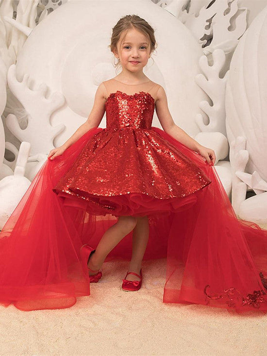 Red Ball Gown Sweep Brush Train Wedding Party Flower Girl Dresses-27dress