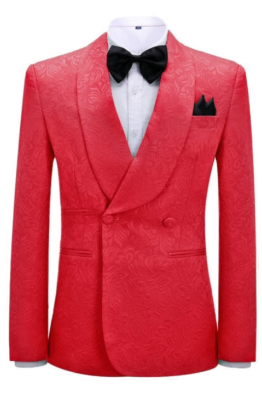 Floral Paisley Jacquard Shawl Lapel Double Breasted Red Wedding Suits Two Pieces Tuxedos