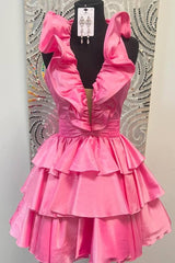 Red Halter Pleated A-Line Ruffle Homecoming Dress