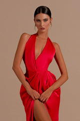 Red Halter Sleeveless Backless Long Prom Dress With Front Split
