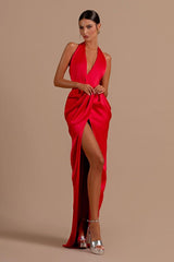 Red Halter Sleeveless Backless Long Prom Dress With Front Split