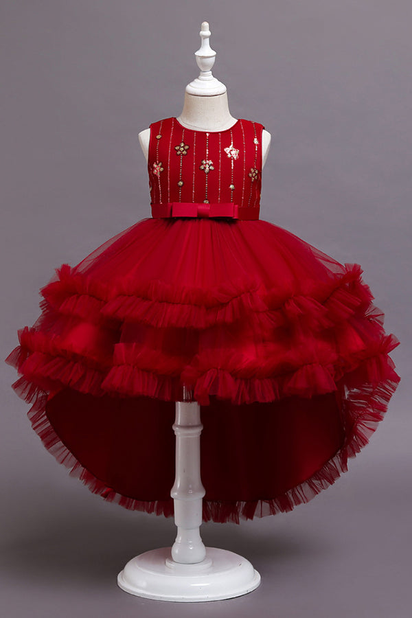 Red High Low Belt Tulle Ruffles Flower Girl Dresses-27dress