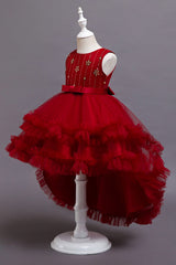 Red High Low Belt Tulle Ruffles Flower Girl Dresses-27dress