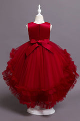 Red High Low Belt Tulle Ruffles Flower Girl Dresses-27dress